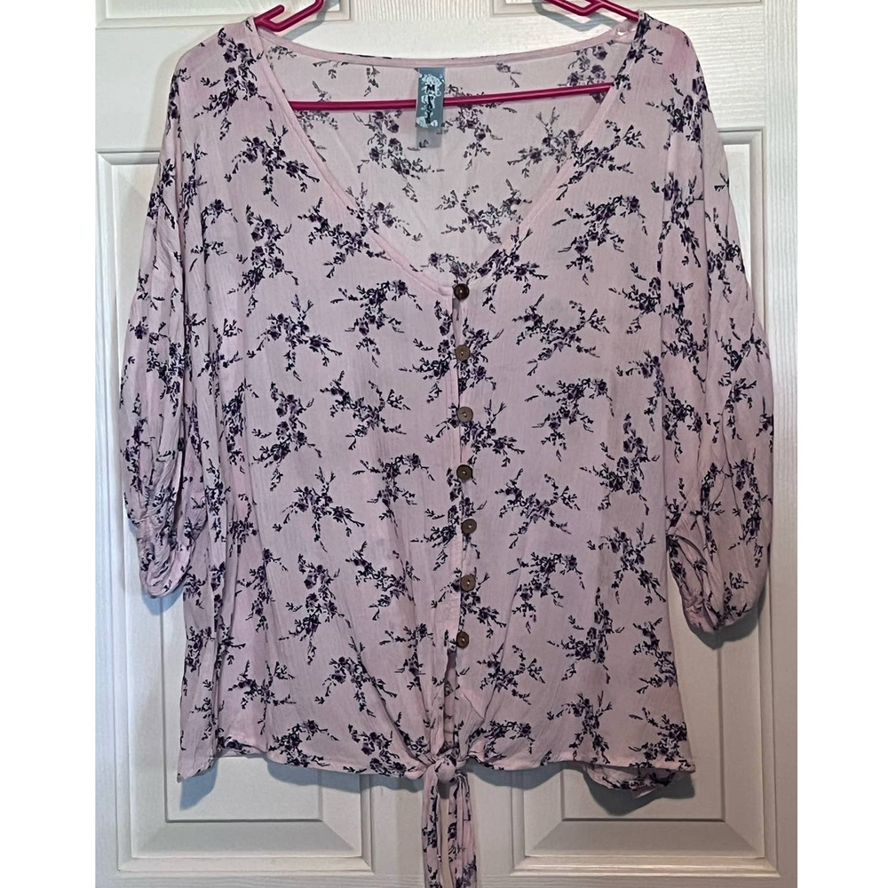 M. Fasis Women's Pink Purple Floral Button Front Tie Waist Size 1X 23 1/2" Long
